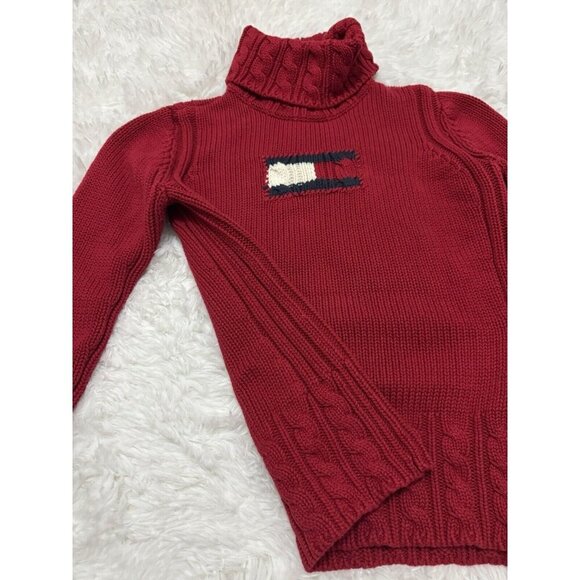 TOMMY HILFIGER VINTAGE Red Chunky Cable Knit Turtleneck Sweater MEDIUM Flag Y2k - Picture 5 of 9